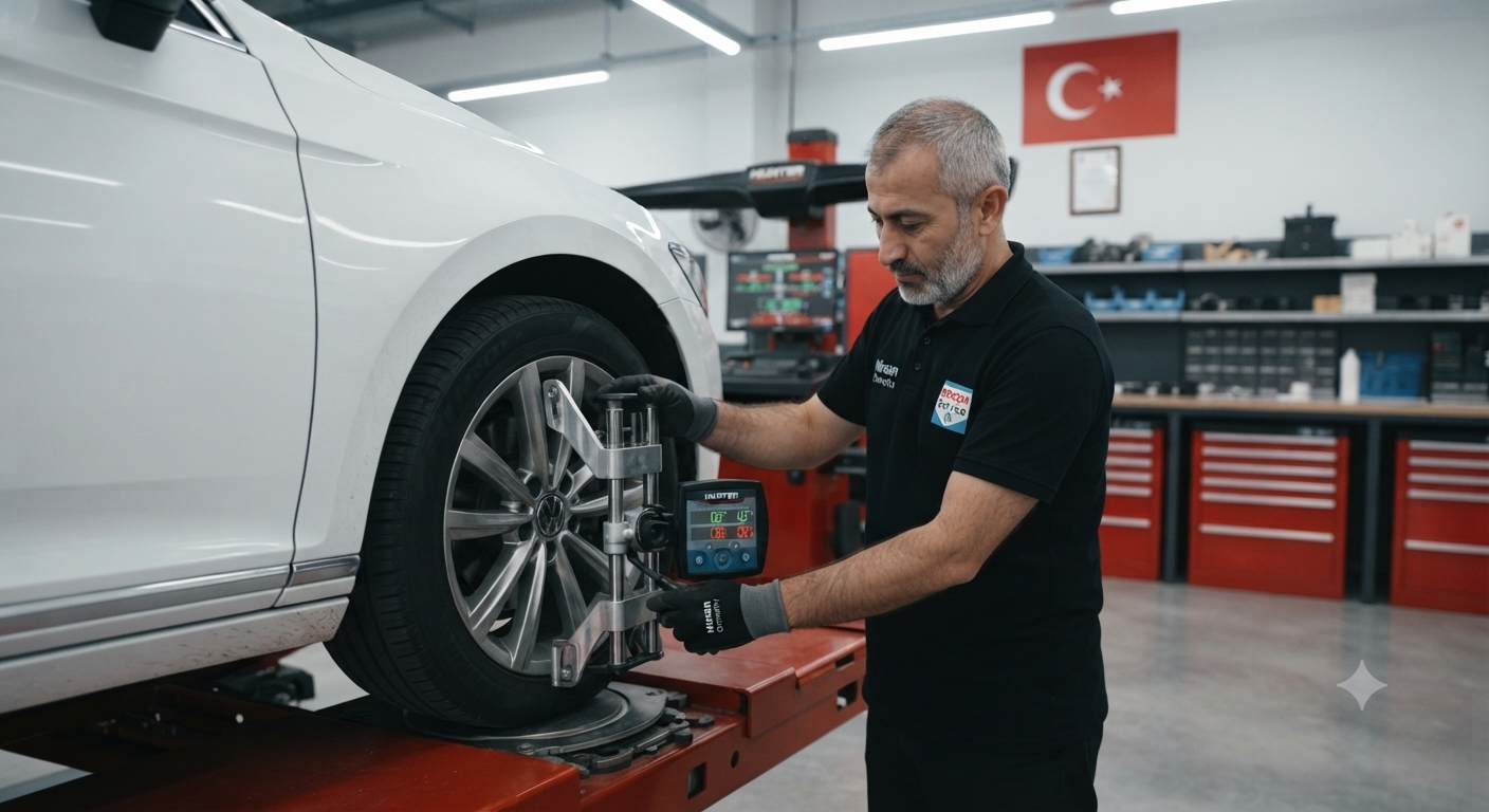 Mirsan Otomotiv Bosch Car Service atölyesinde profesyonel ekipmanlarla yapılan rot ayarı ve kontrolü