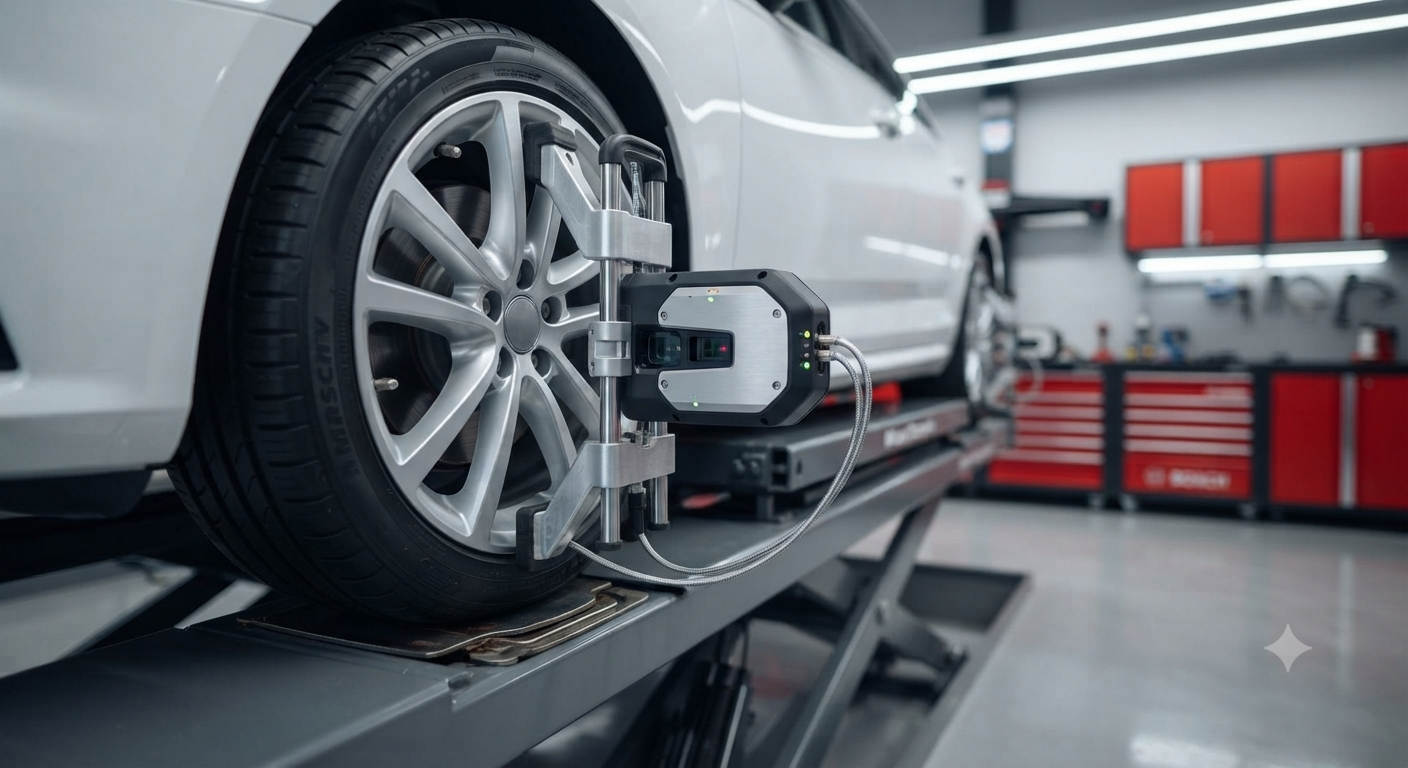 Mirsan Otomotiv Bosch Car Service bünyesinde janta monte edilmiş profesyonel dijital rot balans ve hizalama sensörü