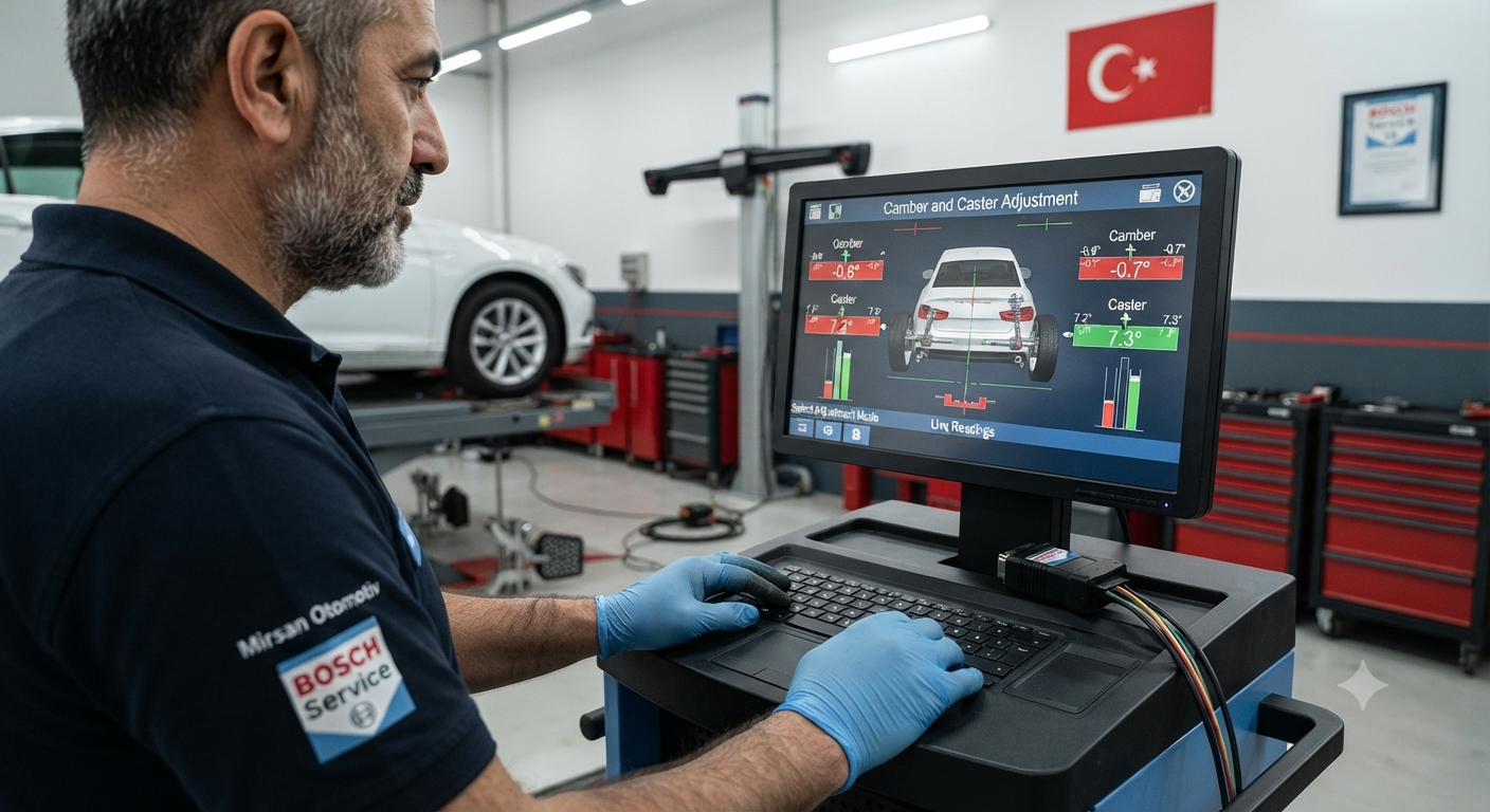 Mirsan Otomotiv Bosch Car Service bünyesinde, deneyimli teknisyenin profesyonel bilgisayarlı rot ayar cihazı üzerinden Kamber ve Kaster ayarlarını yapması ve değerleri kontrol etmesi