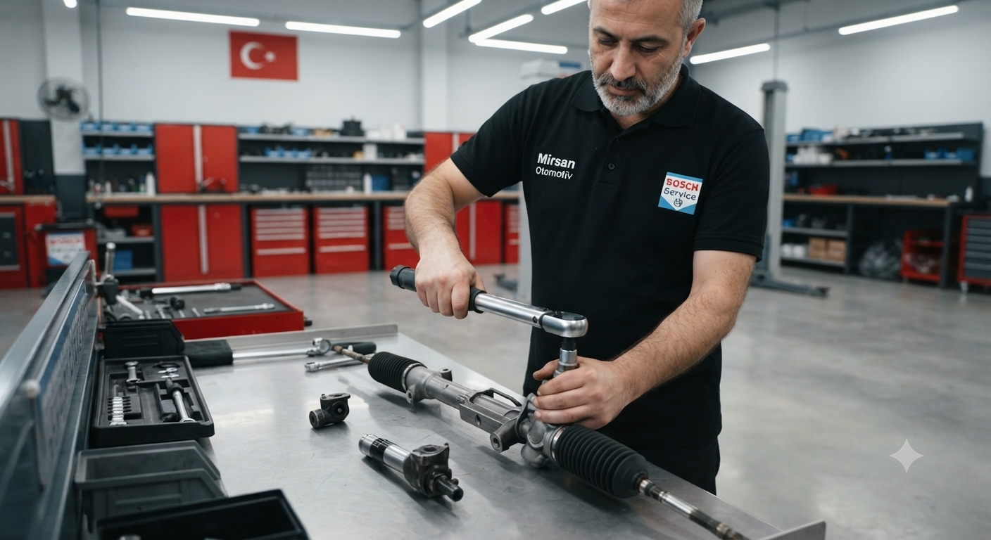 Mirsan Otomotiv Bosch Car Service bünyesinde, tertemiz atölye ortamında deneyimli teknisyen tarafından yapılan hidrolik direksiyon kutusu revizyonu