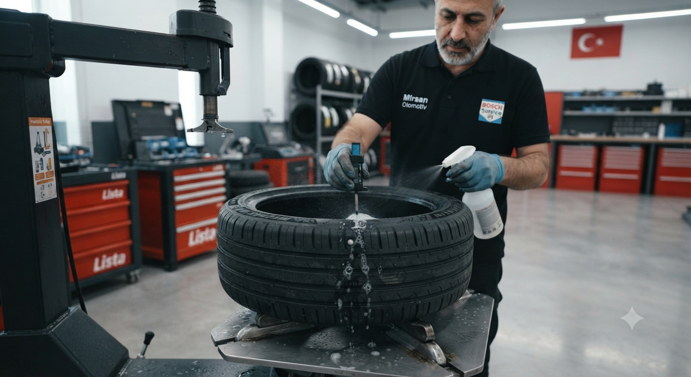 Mirsan Otomotiv Bosch Car Service teknisyeni, patlayan lastiği profesyonelce incelerken ve hasar tespiti yaparken
